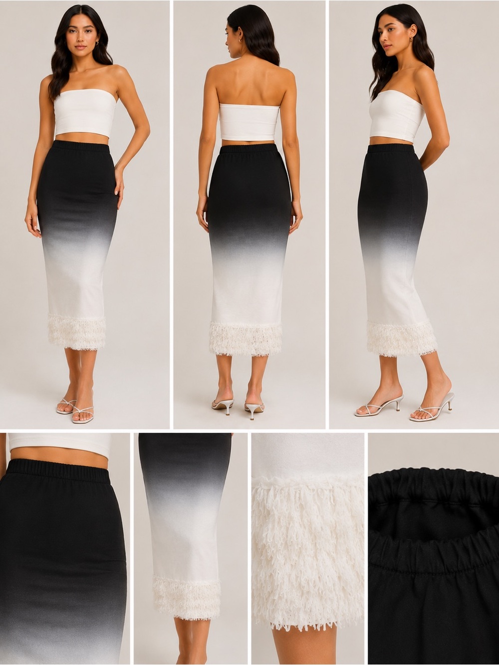 Black & White Ombré Pencil Midi Skirt – Fringe Hem